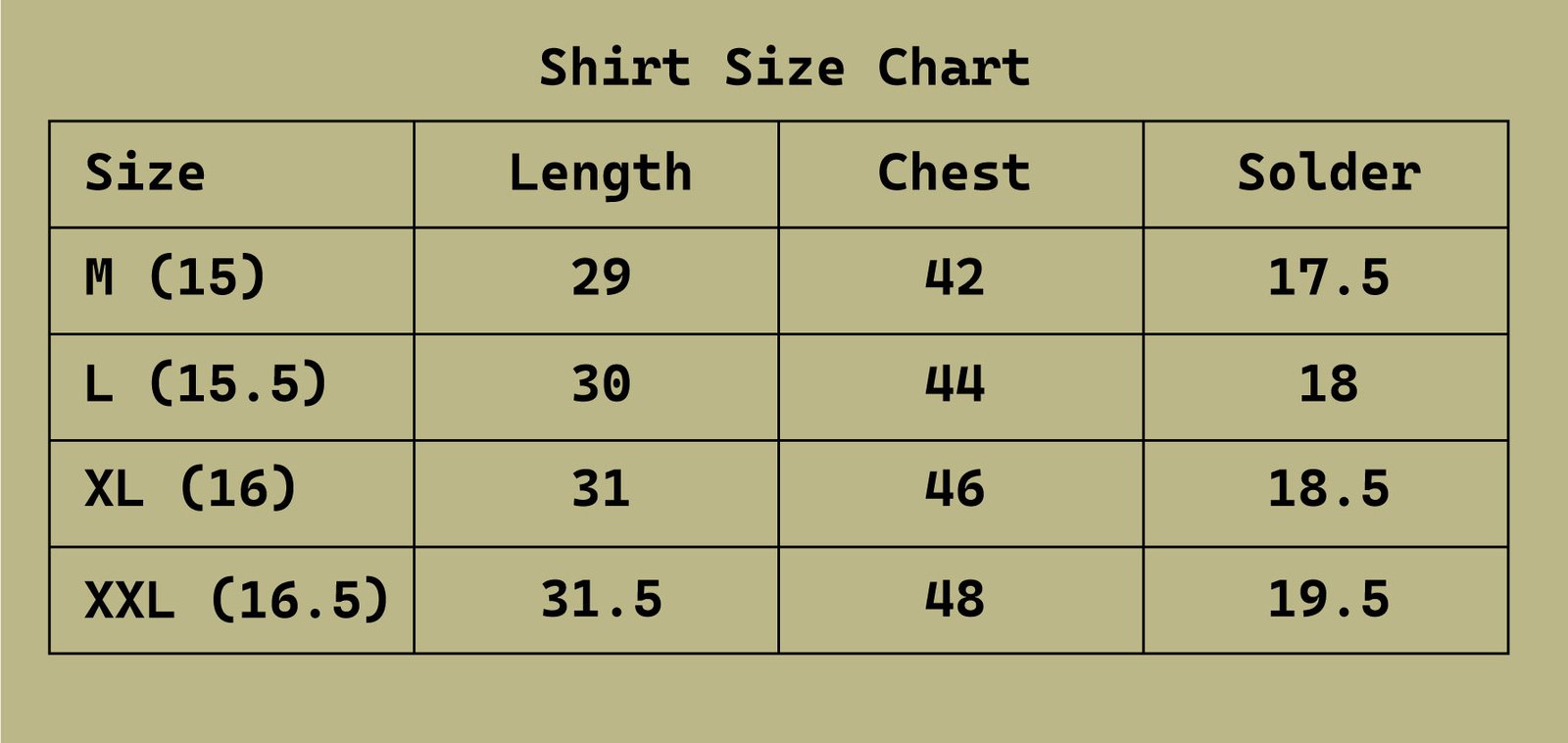 Shirt Size Chart